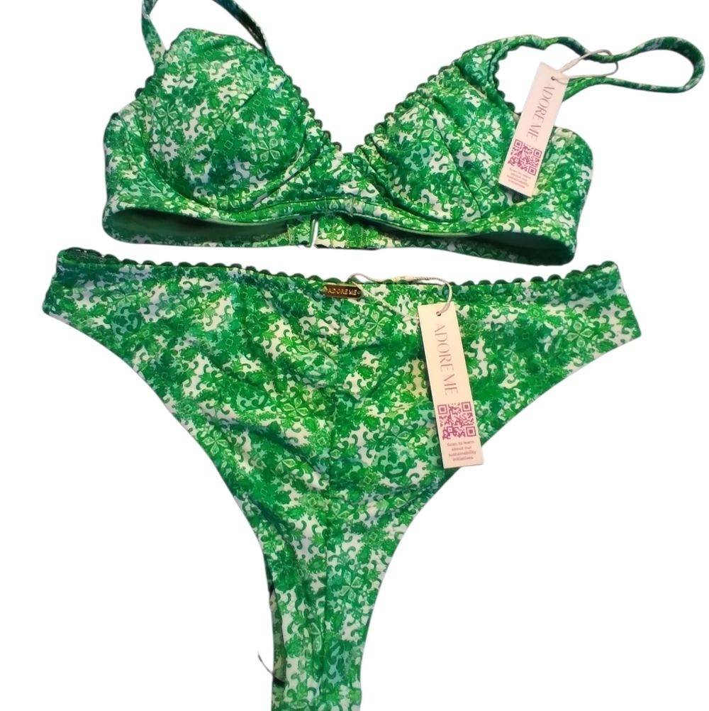 NWT Adoreme Green And White Bra And Panty Set Bra 32b Panty S Lace Luxury Sexy